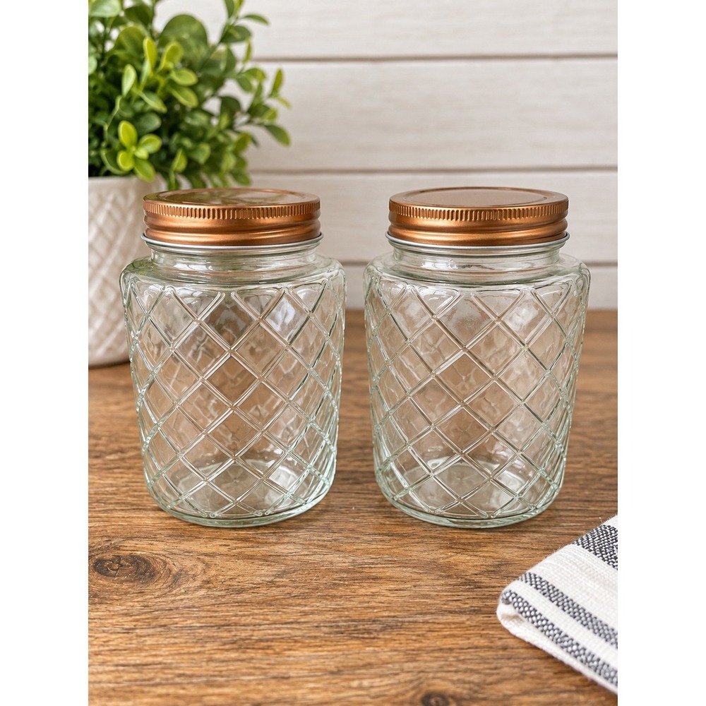 Set of 2 Diamond Textured Glass Jars with Copper Lids 5.5 Inch Storage Canisters